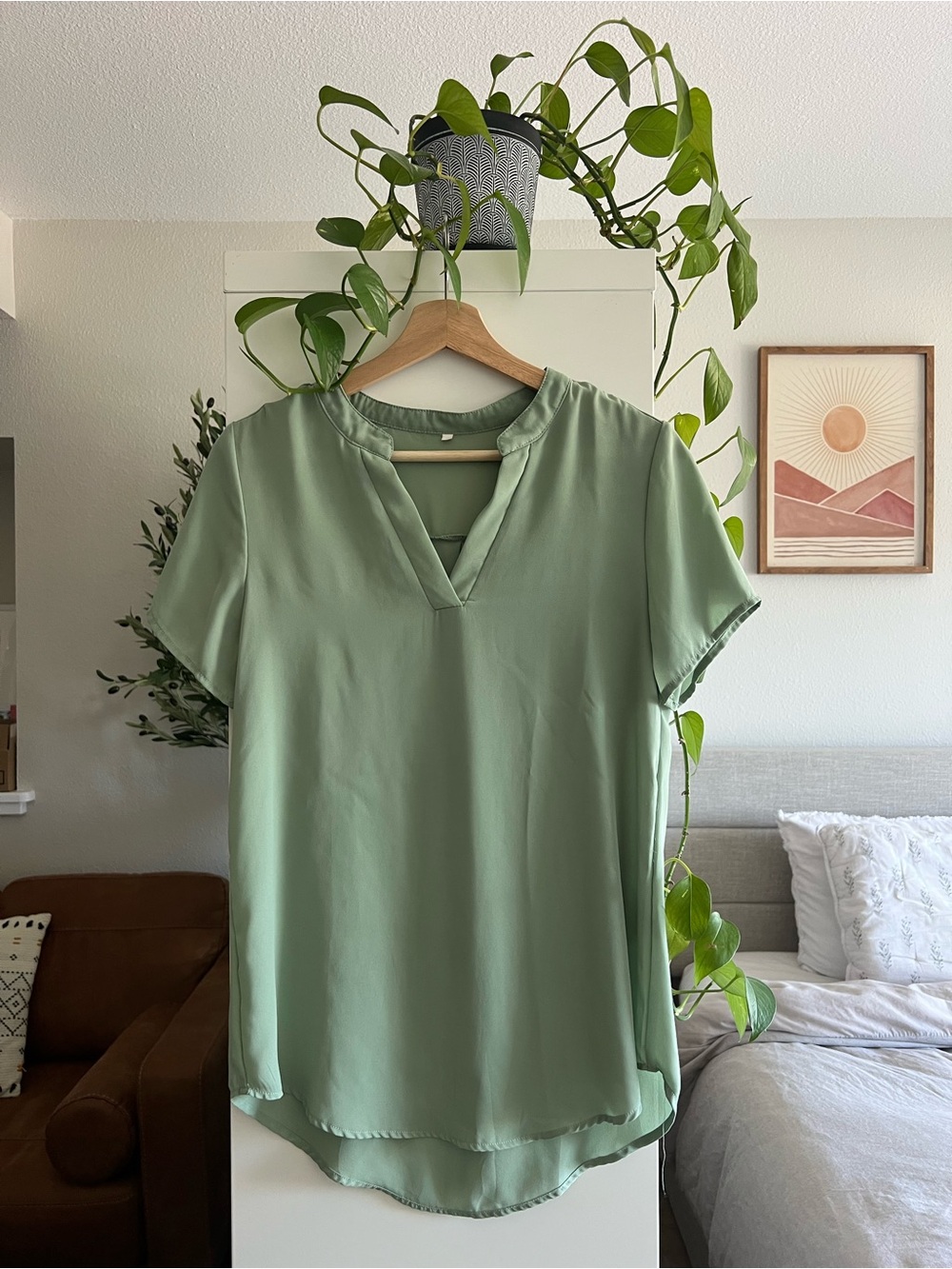 Amazon Essentials Olive Green Split-Neck Short Sleeve Blouse